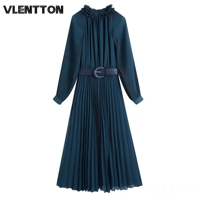 

2022 весенние женские Модные Винтажные плиссированные элегантные вечерние платья с ремнем и длинным рукавом