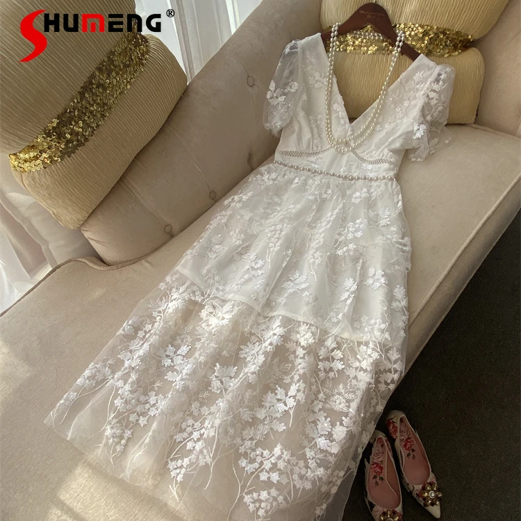 

Новинка лета 2022, модное женское платье супер-фея с первого влюбленного, длиной до щиколотки, женское милое простое однотонное кружевное дли...