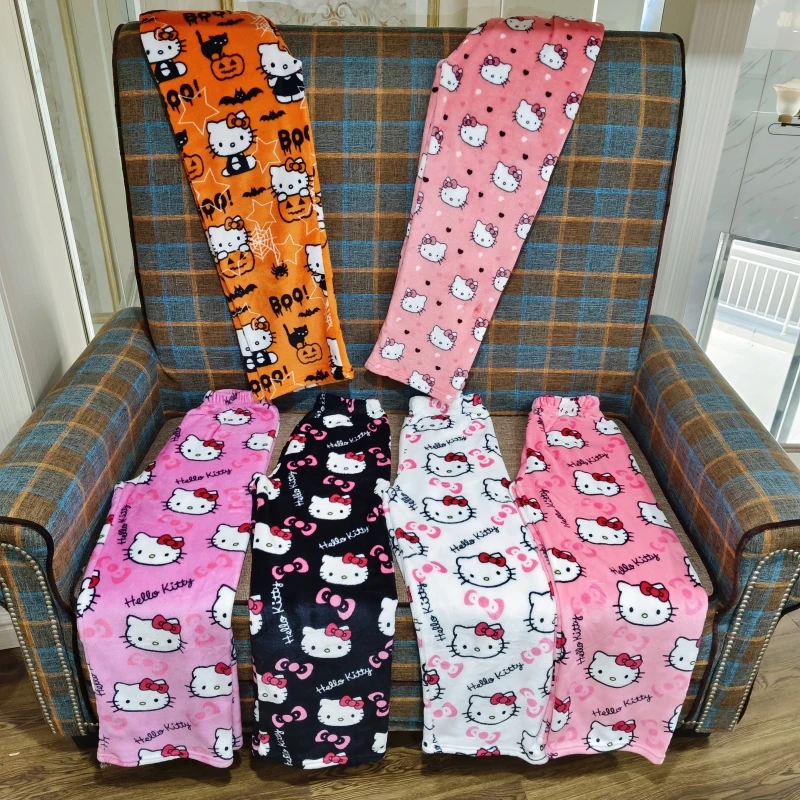 

Фланелевая пижама Sanrio Hello Kitty, Черная Женская теплая шерстяная Повседневная Домашняя одежда с мультяшным рисунком, модные брюки на осень и зиму