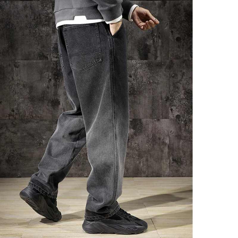 5XL 100% Cotton Jeans Men Large Size Loose Straight Leg Fall/winter Thickened Wide Leg Pants Trend Dad Casual Pants Style Men