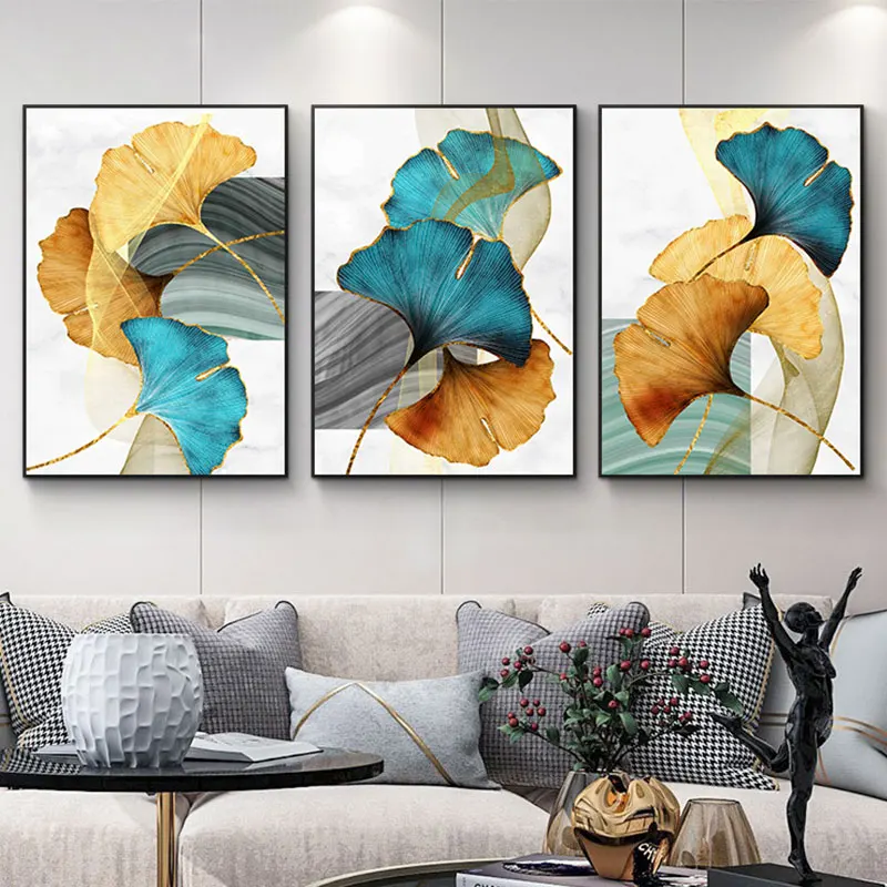 

Абстрактная Картина на холсте с листьями гинкго, роскошные постеры и принты, Современная Настенная картина для гостиной, украшение для дома