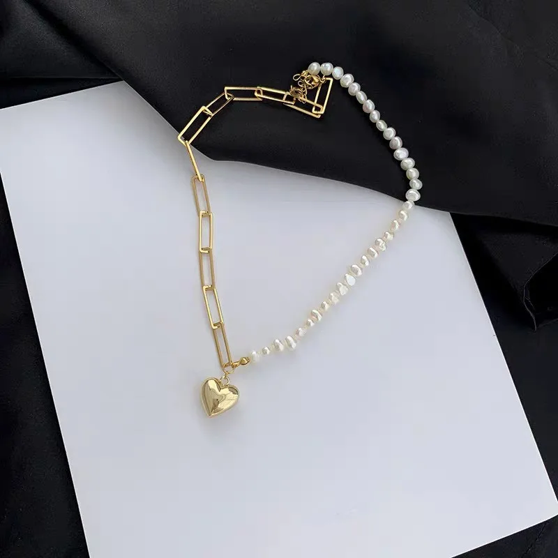 

Minar French 100% Real Freshwater Pearl Choker Necklaces for Women Gold Color Heart Shape Link Chain Pendant Necklace Jewelry