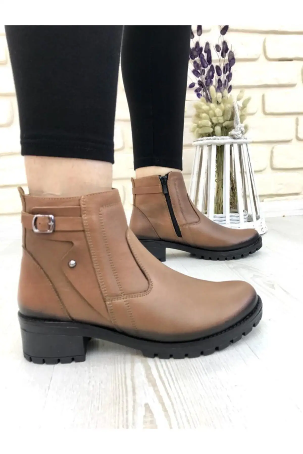 

Women Tan Leather Non-Slip Bottom Side Zipper Boots