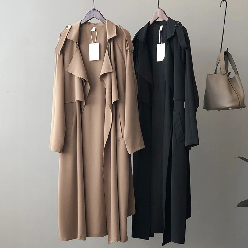 Solid Long Women Trench Summer New Turn-Down Collar Straight Loose Ankle Length Elegant Office Lady Outwear Coat Tops