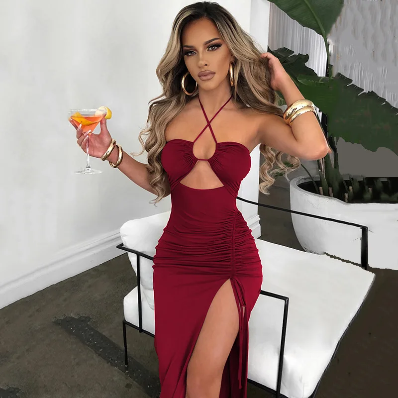 

Nightclub sexy hot girl high slit temperament halter dress summer women's party fashion new strapless backless dress