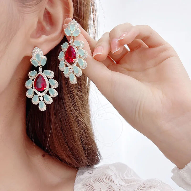 

Luxury Water Drop CZ Crystal Earrings For Women Wedding Jewelry Long Bridal Earrings with Clear Cubic Zirconia Flower Jewelry