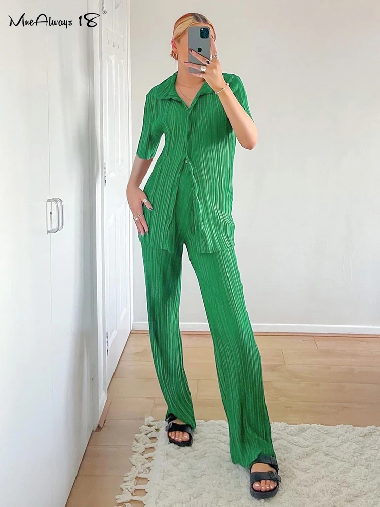 

Mnealways18 Pleated Green Fashion Two Piece Set Womens Outifits Short Sleeve Shirts And Pantsuit Office Ladies Summer Work Sets
