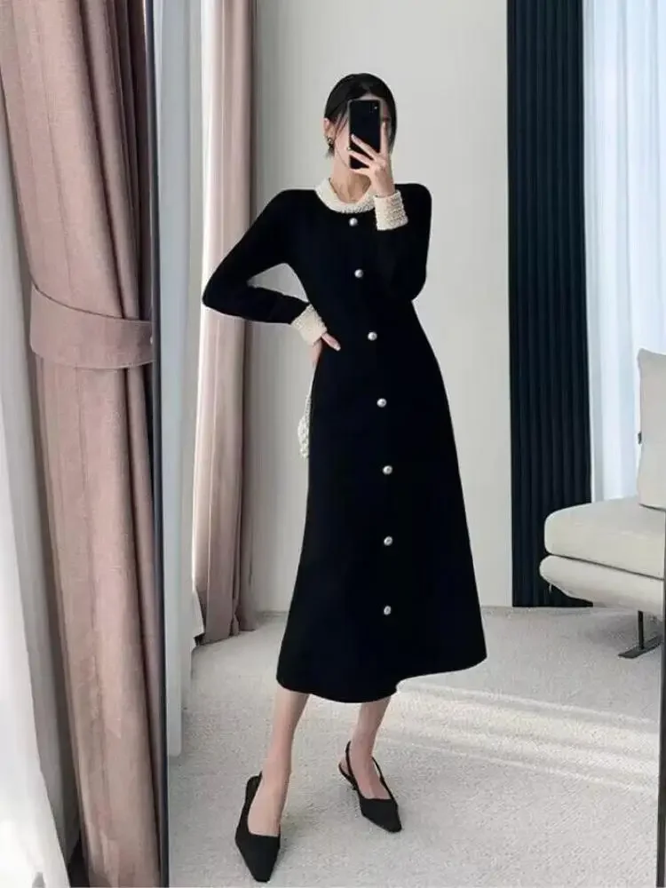 

Женское шерстяное платье в стиле пэчворк, черное элегантное винтажное трикотажное платье для офиса, зима 2023, J254