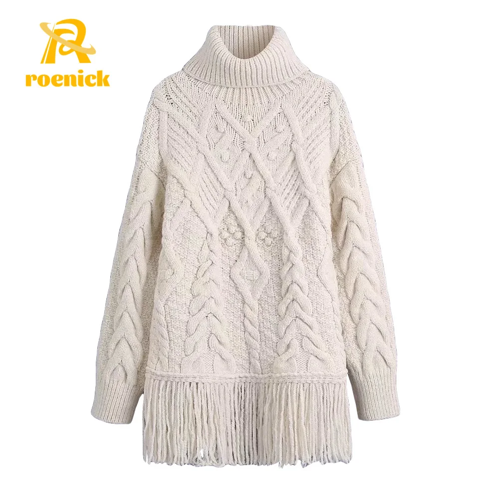 

ROENICK Women Tassel Thick Warm Cable-Knit Sweaters Female Vintage High Neck Long Sleeve Knitted Tops Chic Pullovers Jumper