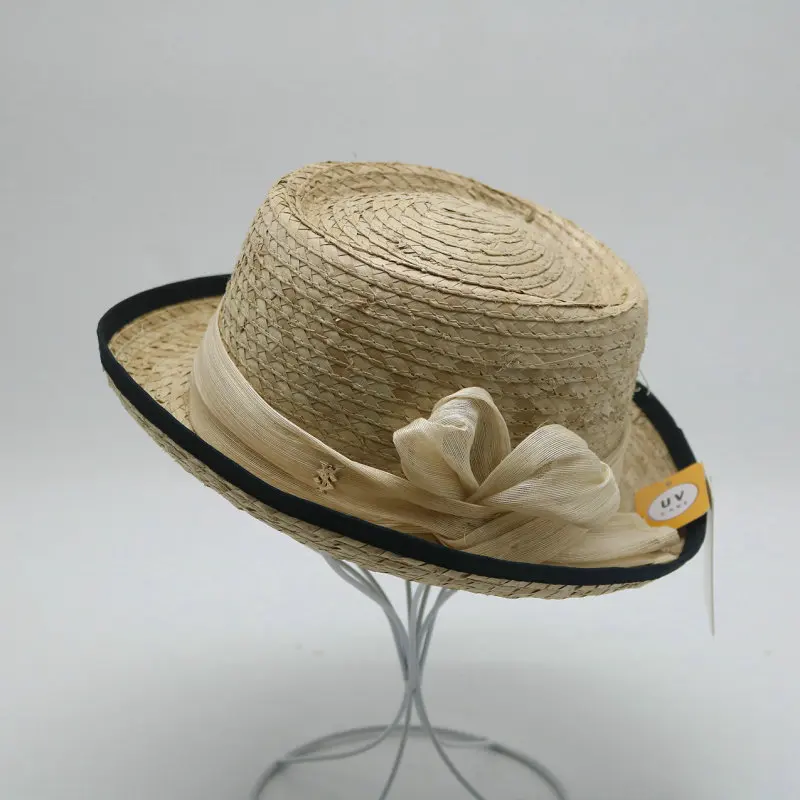 

202305-WN chic dropshipping summer Natural grass weave linen ribbon bowknot small brim lady fedoras cap women leisure panama hat