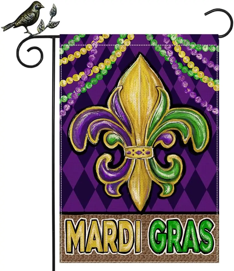 GEEORY Mardi Gras Fleur de Lis Садовый флаг 12 5 x 18 дюймов бусины Новый Орлеан Карнавал