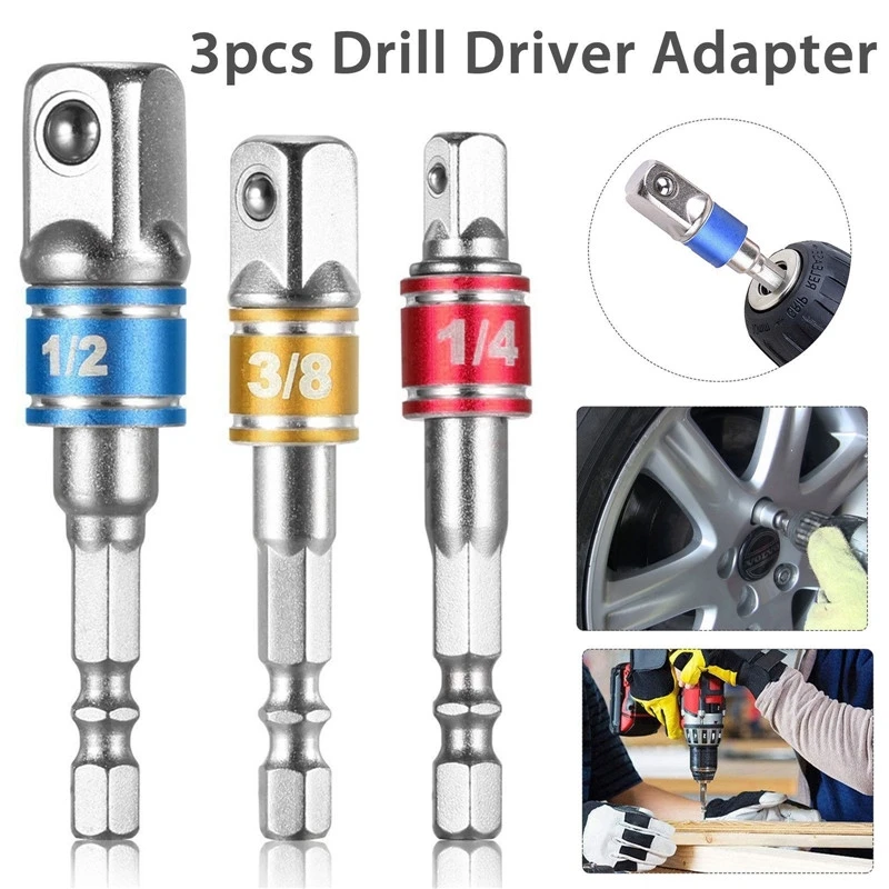 

3pcs Hex Drill Power Bit Socket Drive Adapter Exension Set 1/4\ 3/8\ 1/2\ Socket Bit Adapter Hex Shank With Fixed Collar Rings