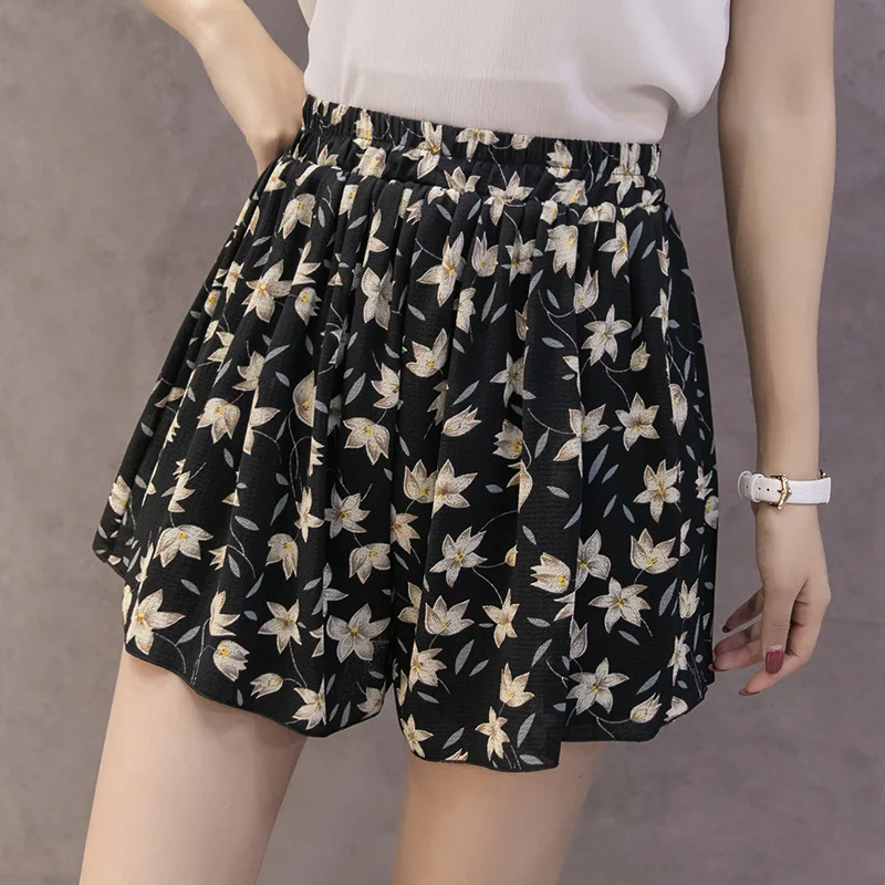 Spring Summer Shorts For Women Chiffon Floral Wide Leg Shorts Loose Print High Waist Female Casual  Shorts Skirt