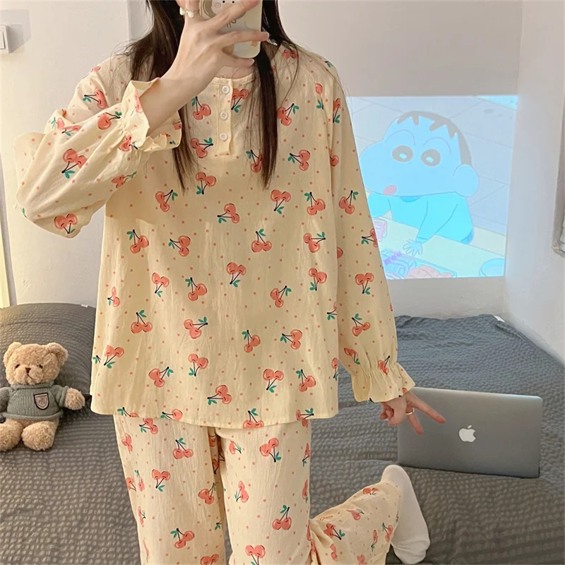 

Осенний пижамный комплект с принтом вишни, женская блузка с круглым вырезом и брюки, хлопковый Повседневный домашний костюм из двух предмет...