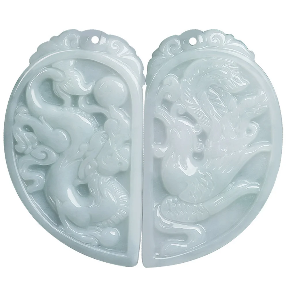 Ретро натуральный зеленый жадеит резной дракон Феникс пары кулон амулет