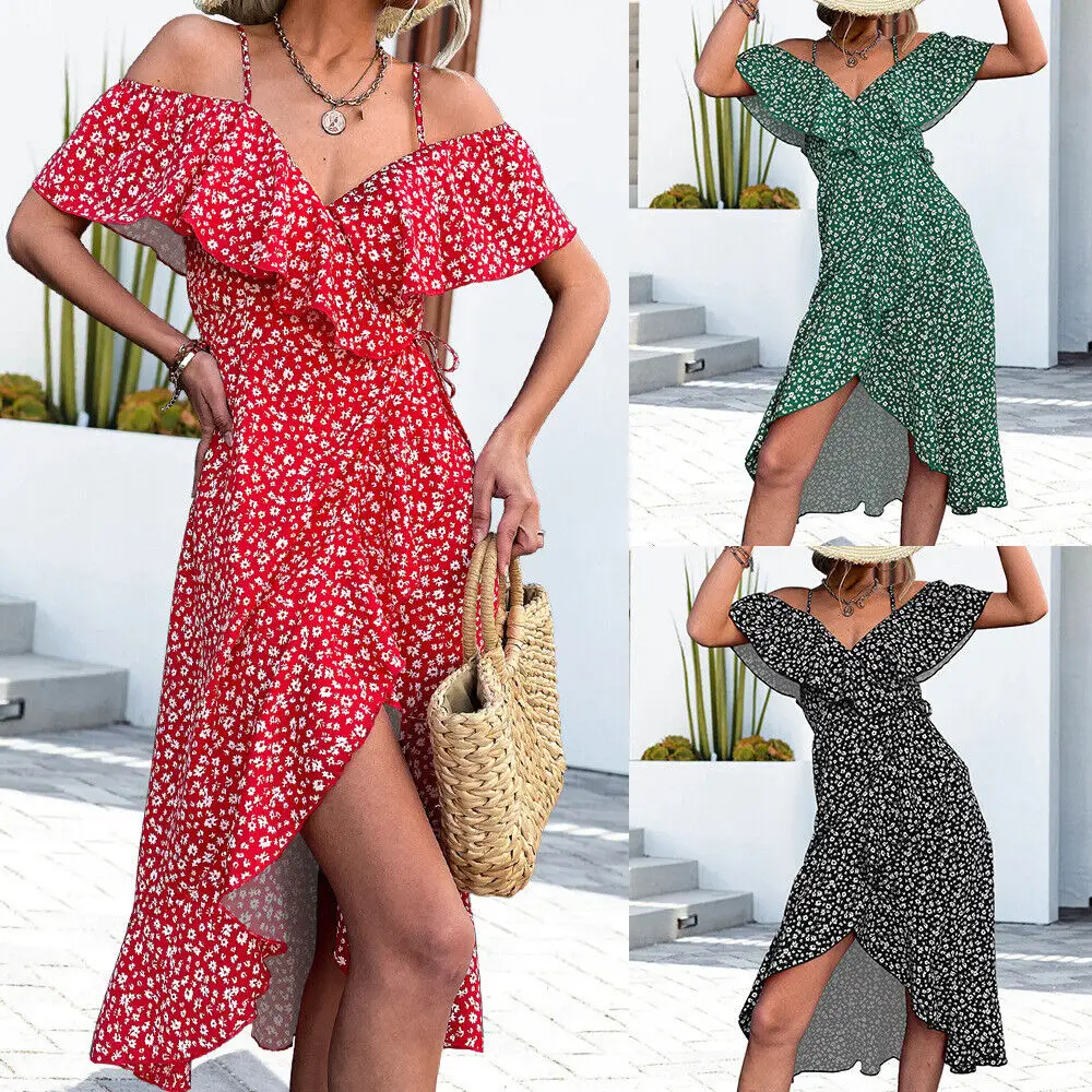 

Summer Floral Print Dress Women Sexy Elegant Strap V-Neck Irregular Midi Dresses