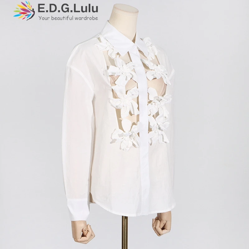 EDGLuLu белая блузка с отложным воротником и длинными рукавами женская однобортная