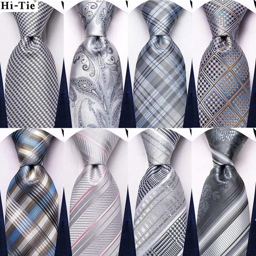 

Silver Pink Striped Mens Silk Ties Wedding Accessories Handkerchief Cufflinks Gifts For Men Dropshipping Cravate Hi-Tie Deisgner