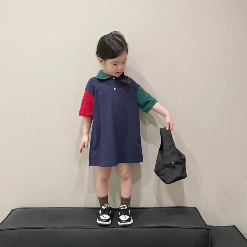 

Summer Boys and Girls fashion patchwork short sleeve T shirts children cotton turn-down collar loose long style Tee