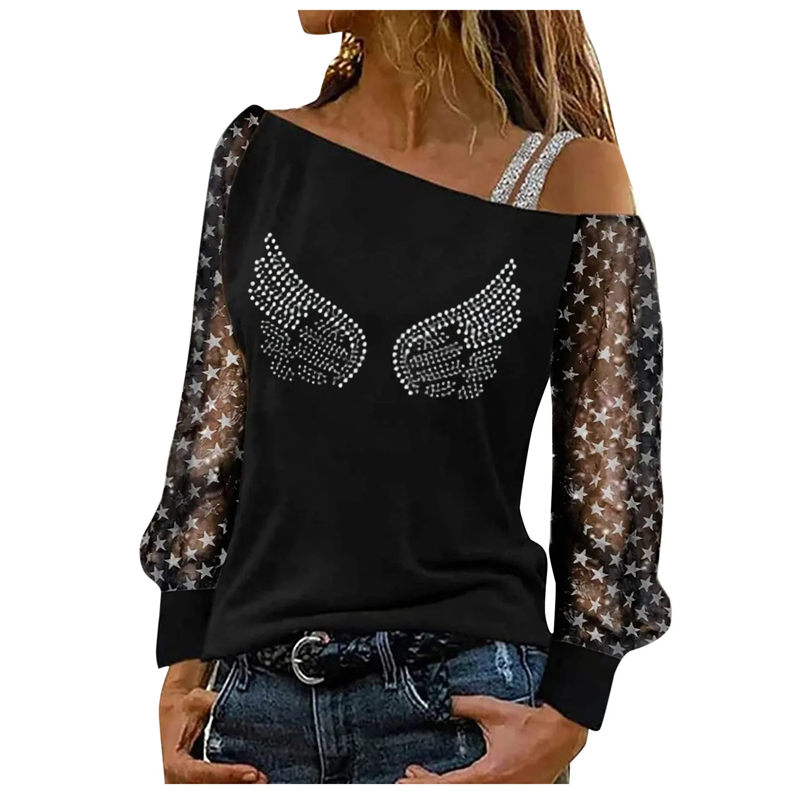 

Women Lightweight Top Sexy Long Sleeve Top Rhinestine Net Yarn Sequin Off Shoulder Top Casual Wear Strap Shirt Fashion Tops