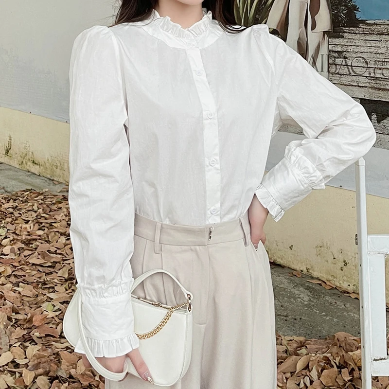

White Shirts Women 2023 Spring New Loose Wooden Ear Edge Tops French Elegant Long Sleeve Blusas Mujer M-2XL