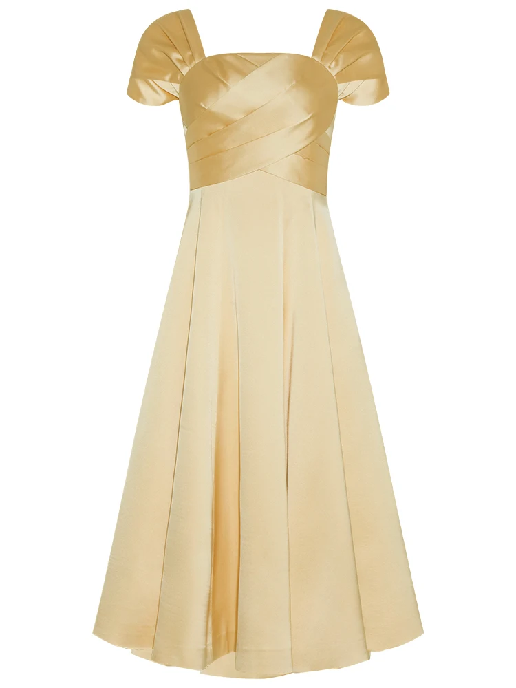 YIGELILA Fashion Women Party Dress Elegant Square Collar Short Sleeve Dress Empire Slim Solid Dress Mid-length 67414