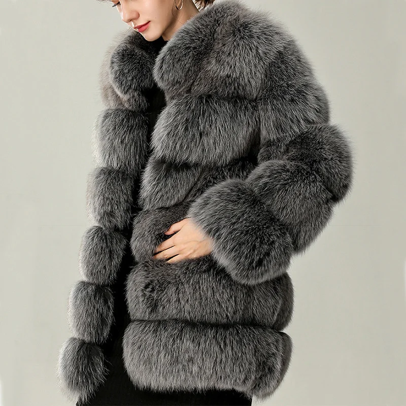 

2022 Winter Fashion Women Fur Coat Long Sleeve Round Neck Solid Color Cardigan Mid-length Western Style Elegant Ladies Fur Coat