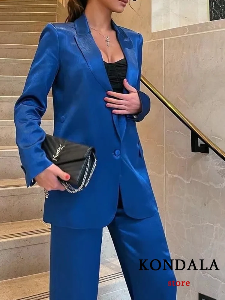 

KONDALA Office Lady Solid Blue Satin Bright Silk Blazer Women Long Sleeve V Neck Pockets Elegant Jackets Female Vintage Outwear
