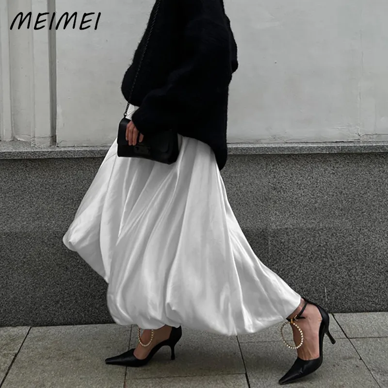 

Elegant White Satin High Waist A-line Pompon Skirts for Women Office Lady Solid Color Sinple Chic Skirt Casual Loose Y2k Skirt