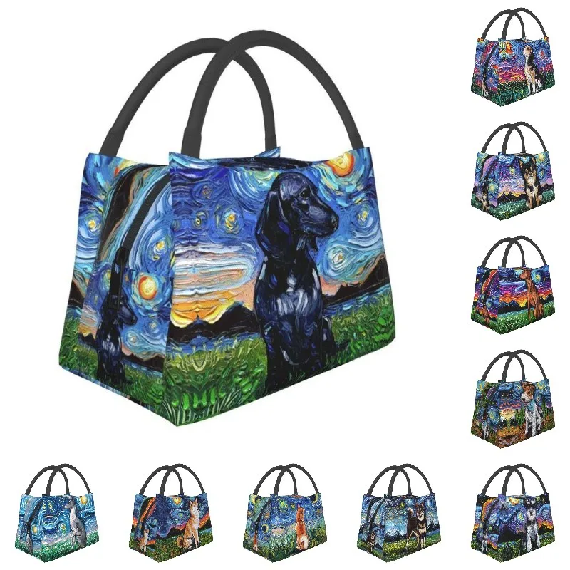 

Custom Dacshund Starry Night Art Lunch Bags Men Women Warm Cooler Insulated Lunch Boxes for Work Pinic or Travel