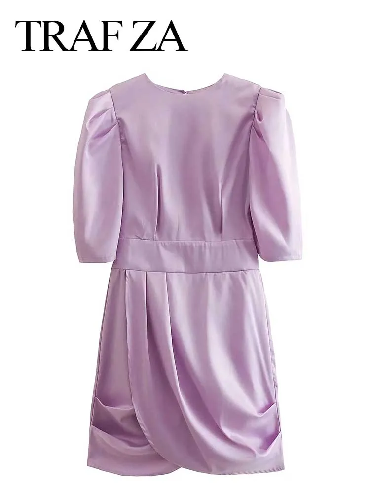 

TRAF ZA Solid Lavender Purple Elegant Cute Puff Sleeve Short Lady Dress Charming Beautiful Upper Body Loose Women's Dress New