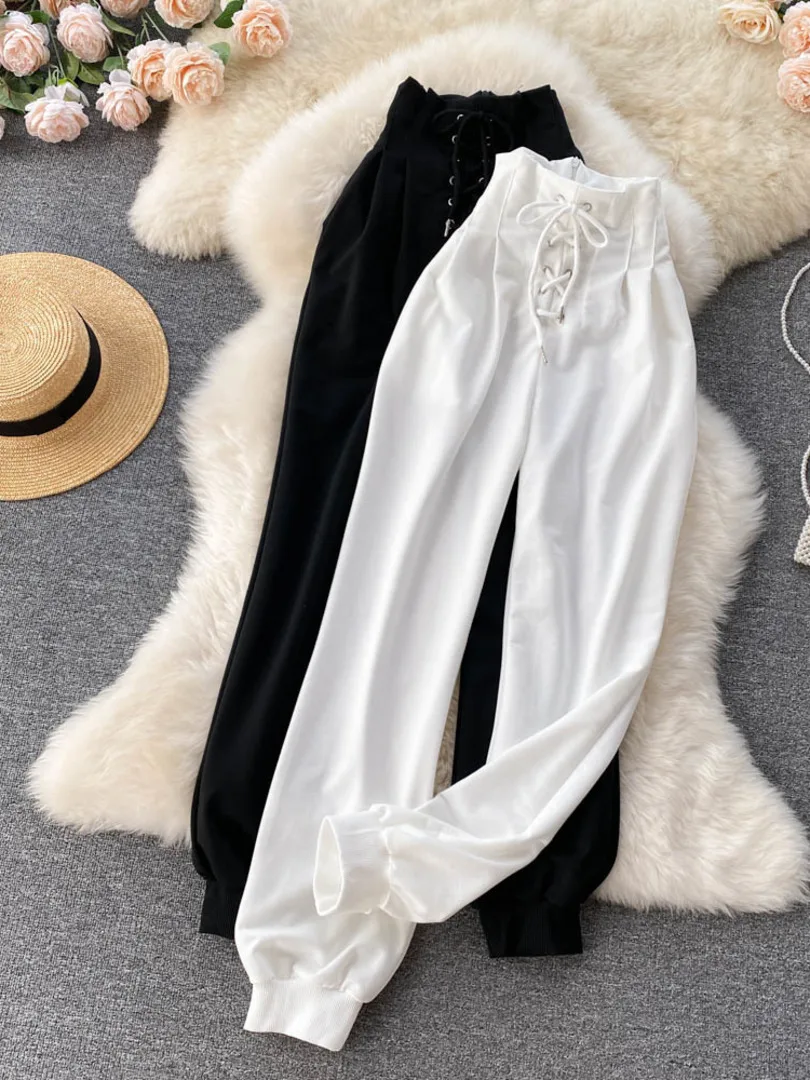 Women White Long Pants 2022 Spring Autumn Lace-up Bandage High Waist Sportswear Toursers Fashion Streetwear Casual Sweatpants