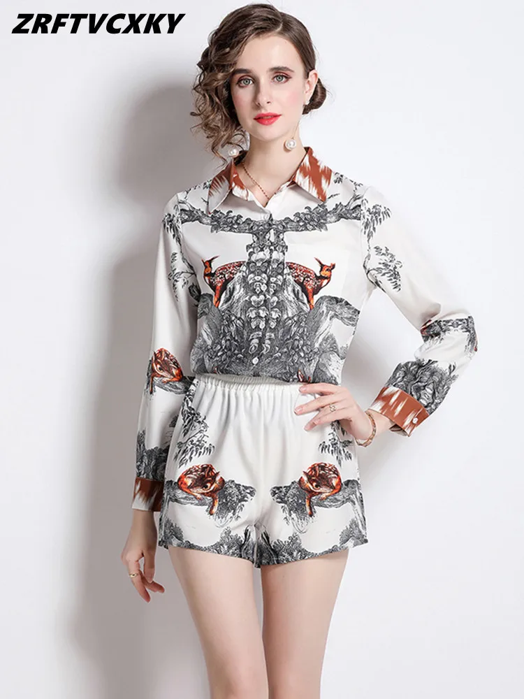 

Женский комплект из 2 предметов, модельная блузка с винтажным принтом и шорты, летний комплект из двух предметов, осень 2022