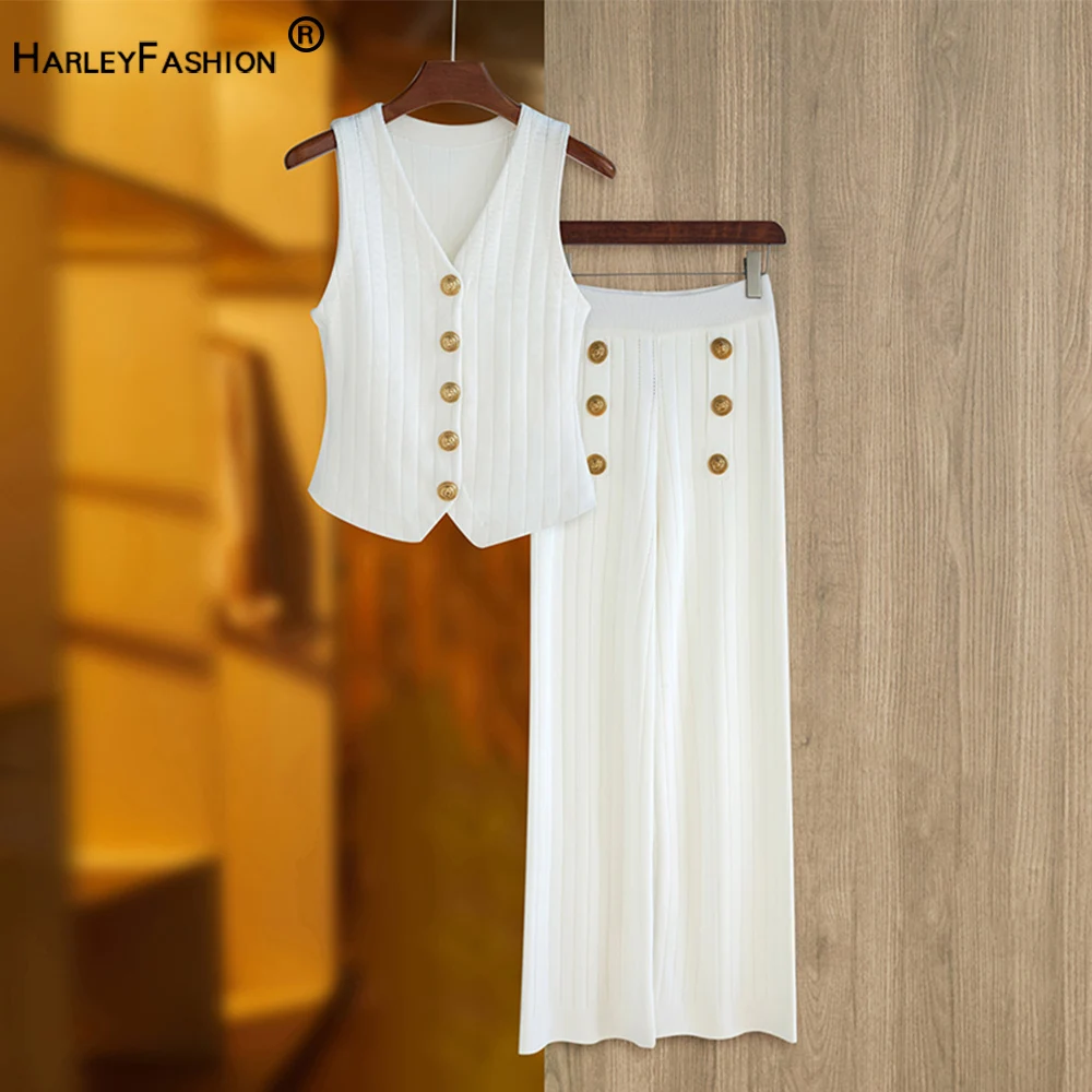 

2024 Newest Summer 2Pcs Vest Sets Wide-leg Trousers Solid Color Black & White Women Knitting Two Pants Suits High Quality
