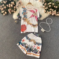 brand design starfish shell print short sleeve t shirt high waist shorts hot pants spring and summer 2022 new womens suit