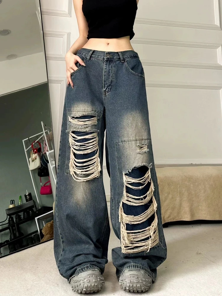 ADAgirl Blue Vintage Ripped Jeans for Women Streetwear Loose Hip Hop Straight Wide Leg Denim Trousers Y2k Causal Pants Harajuku