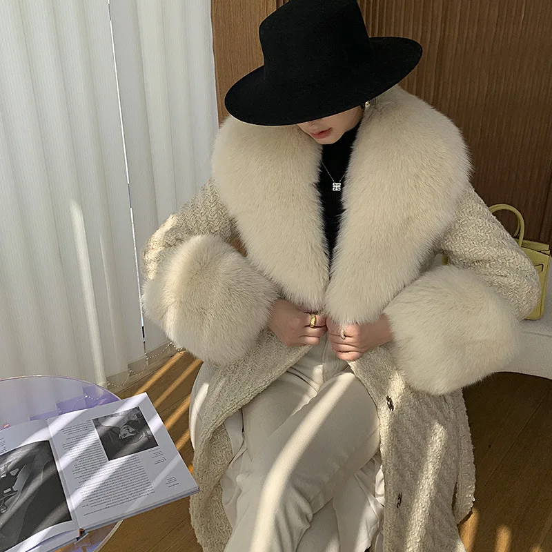 Whole Fur Fox Collar Tweed Coat Winter Long Lace-up Fur Jacket