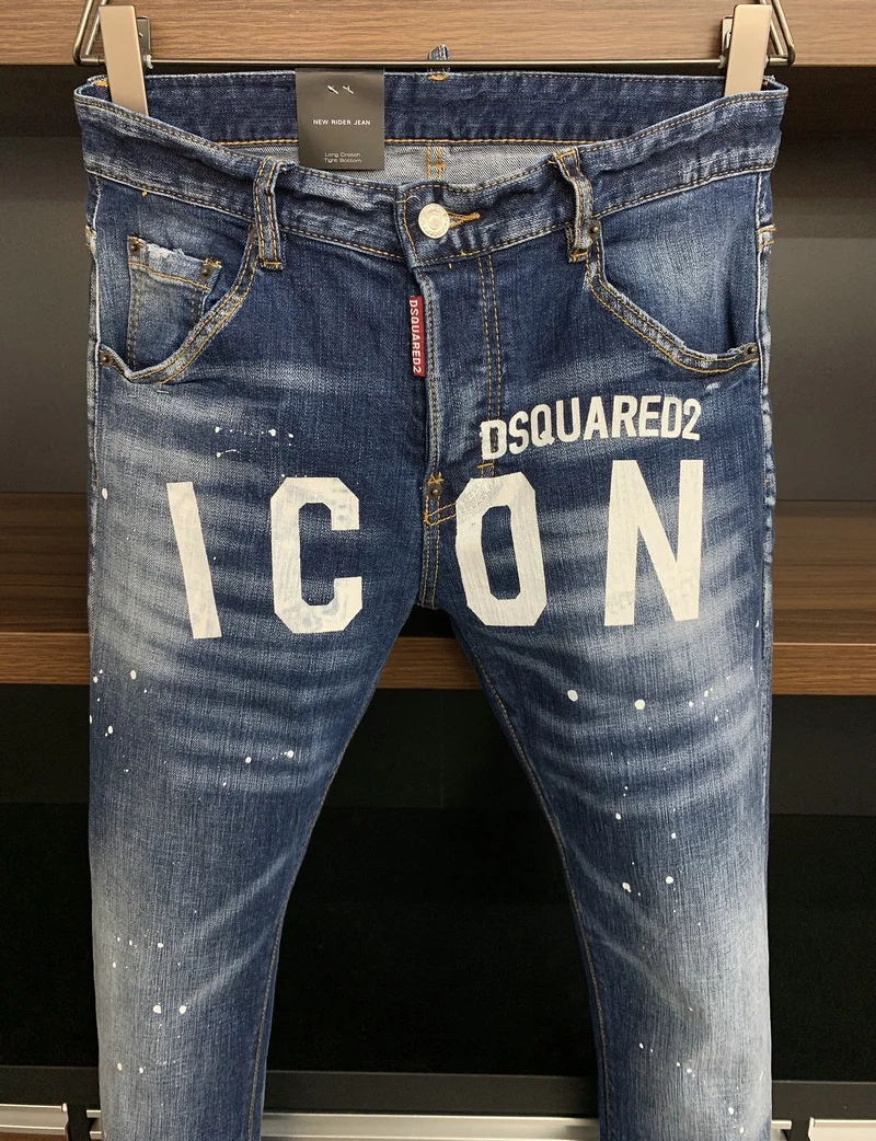 DSQUARED2 Men's/Women's Washed Blue Simple Slim-Fit Stretch Hole Patch Jeans 9626