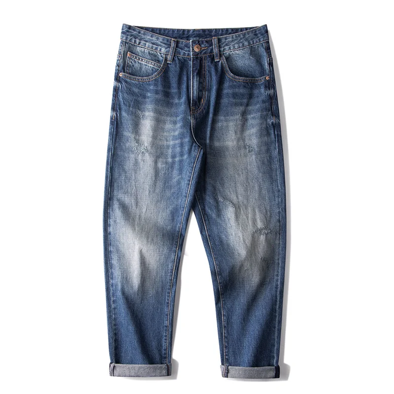 Men Clothing New Pattern Recreational Vintage Nostalgia Large Blue Jeans Straight Cylinder Loose Street Trousers Autumn Female