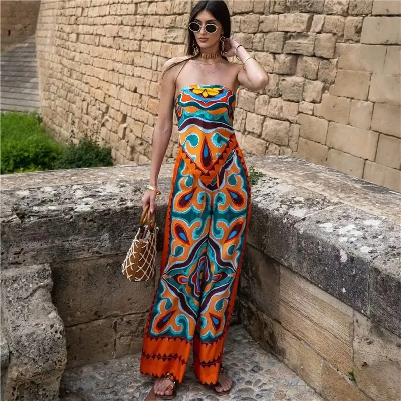 

RDMQ 2023 Women Fashion Strapless Totem Floral Print Headscarf Style Smock Blouse Back Bow Tie Shirt Chic Blusas Pants Sets