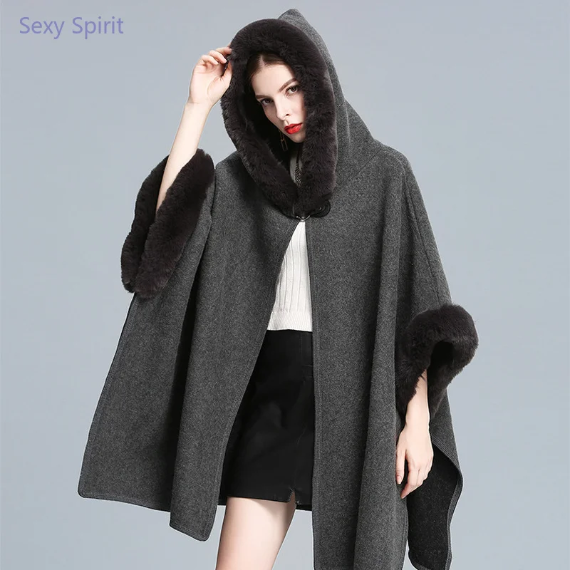 

Loose Single Button Cardigan Cashmere Capes & Ponchos Hooded Rex Rabbit Fur Collar Large Size Thicken Coat Winter New Autumn
