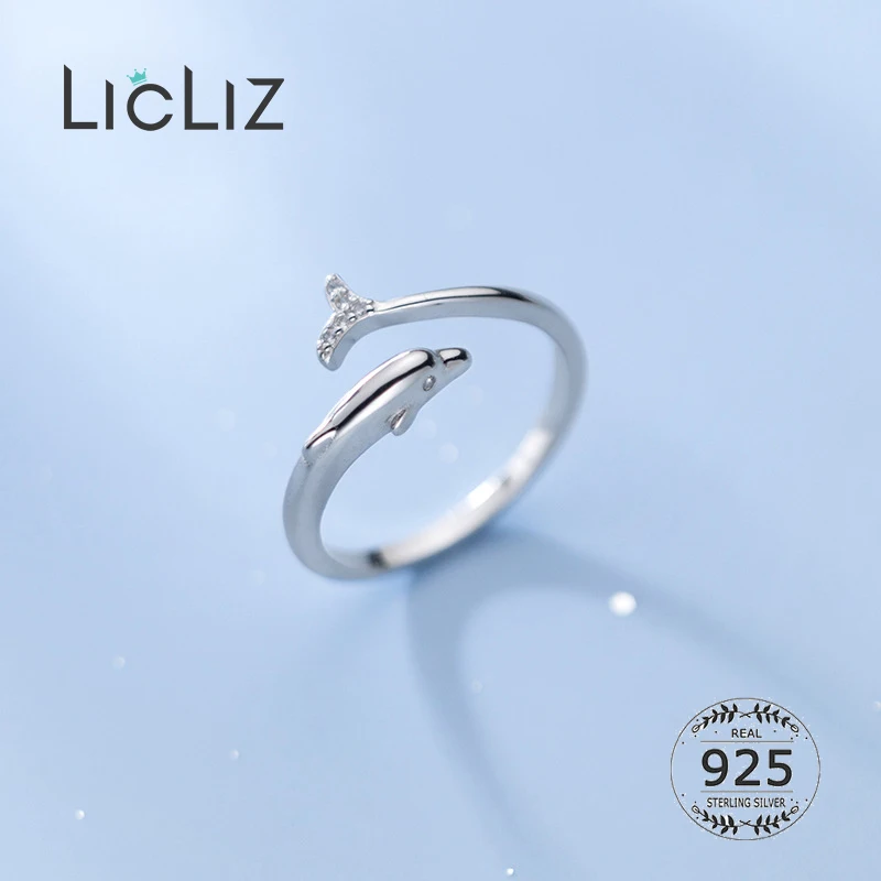 

LicLiz S925 Sterling Silver Dolphin CZ Adjustable Opening Ring for Women Jewelry Accessorie Anillos 925 Plata Para Mujer LR0849