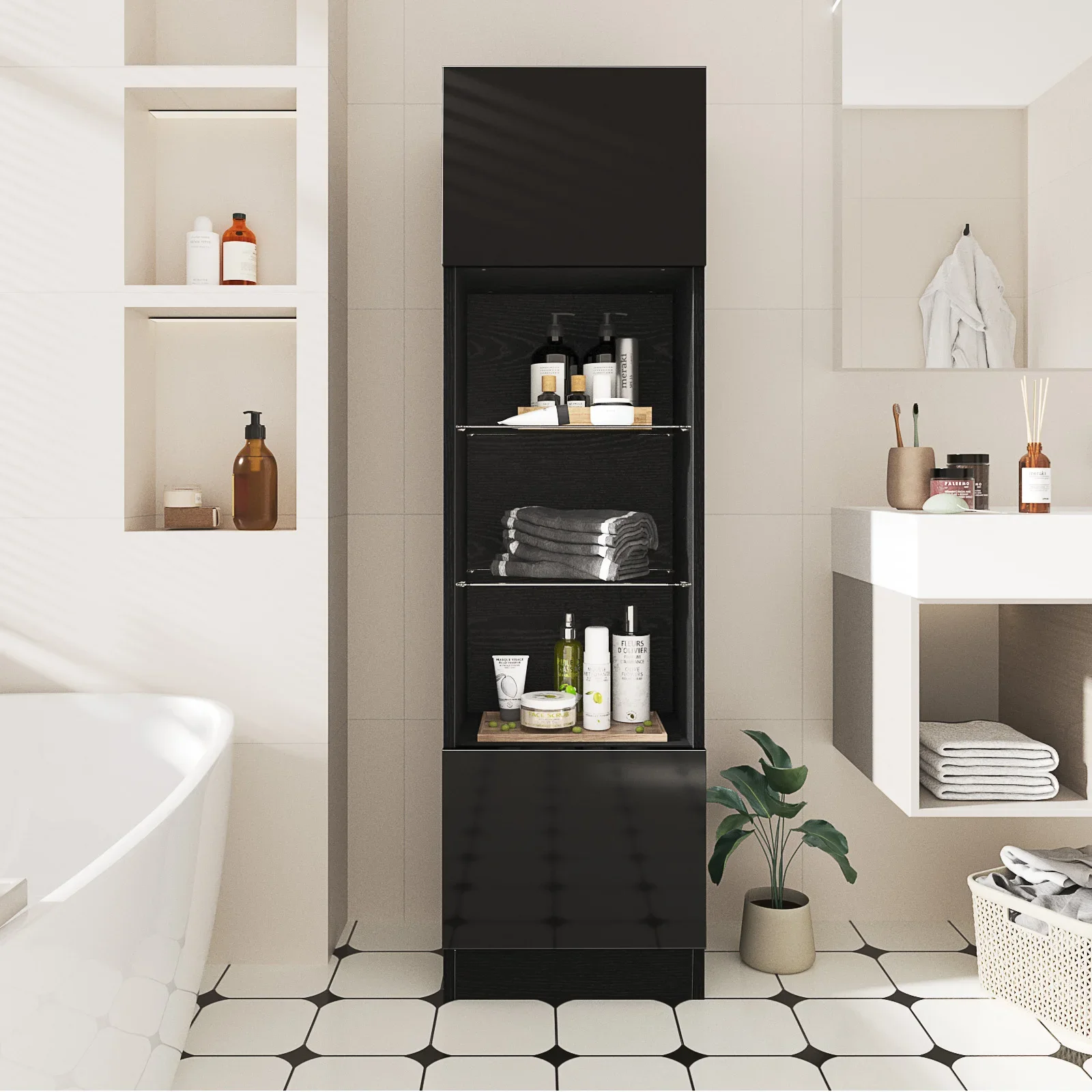 Фото # Modernes 2-Schrank-Bücherregal Verstellbares Glas regal Hochglanz-Bücherregal aus Holz Wohnzimmer Langlebige Bibliotheks №1