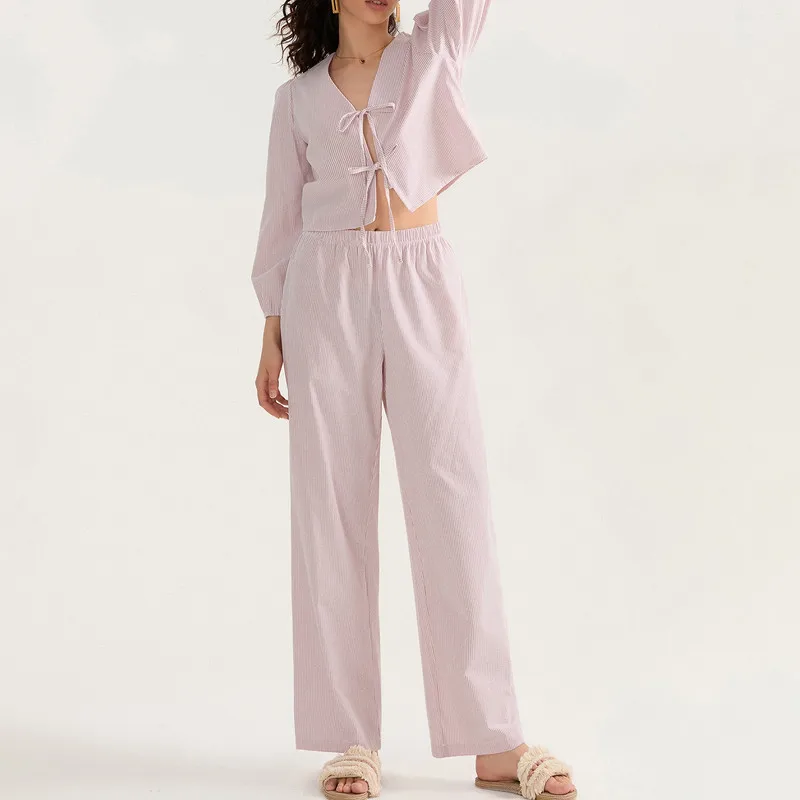 WPNAKS Damskie 2-częściowe zestawy spodni Wiosna Jesień Odzież w kratę V Szyja Wiązanie z przodu Długi rękaw Topy Elastyczne spodnie talii