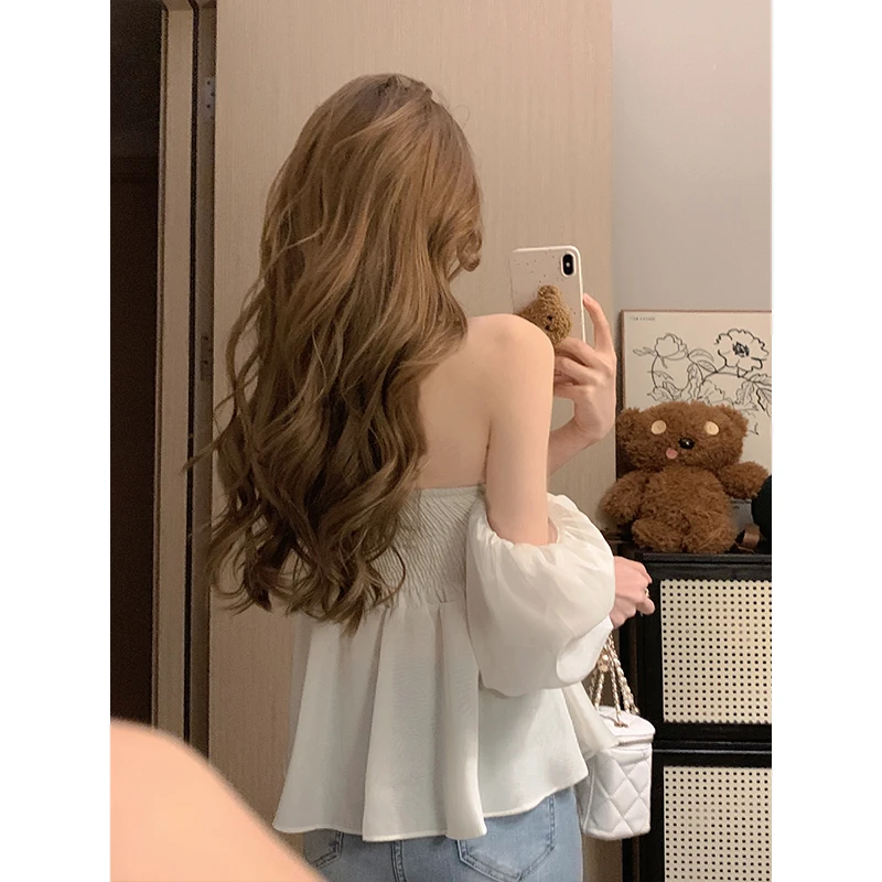 Футболка женская с открытыми плечами пикантный однотонный топ без рукавов