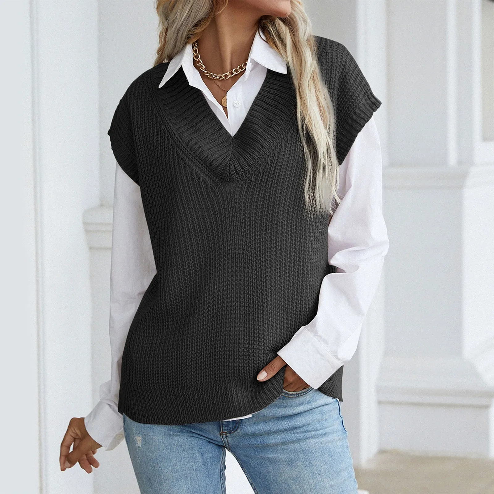Жилет с V-образным вырезом Женский однотонный вязаный свитер без рукавов