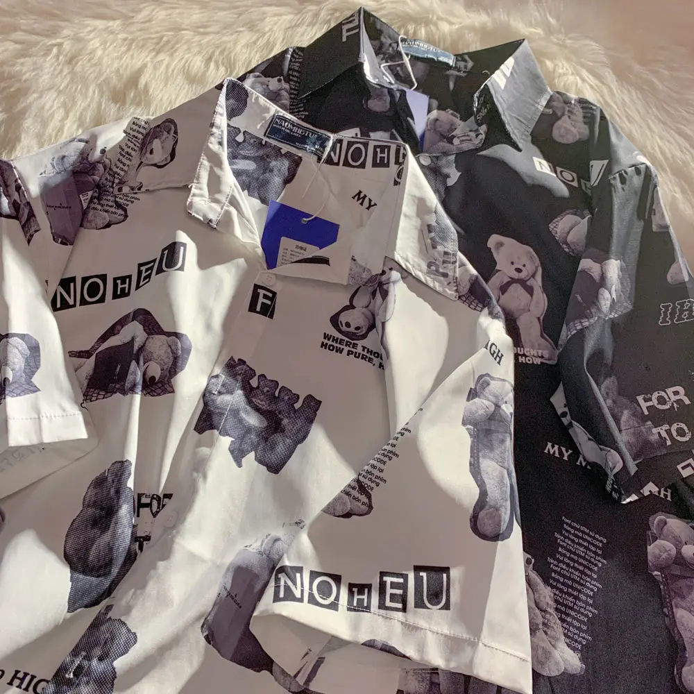 Рубашка мужская с принтом медведя винтажная пуговицами коротким рукавом Пляжная