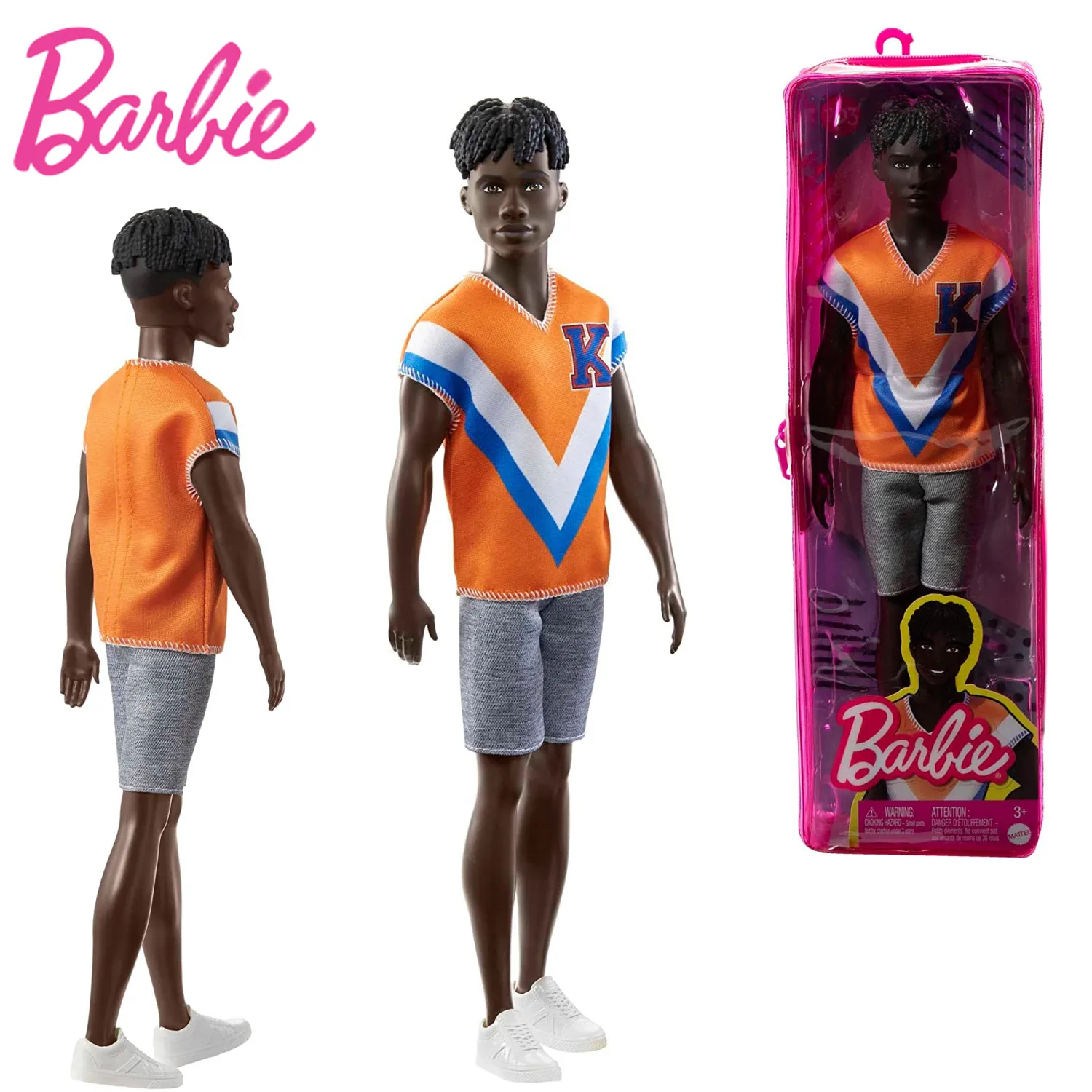 

Barbie Fashionistas Doll #203 Ken Doll Twisted Black Hair with Sports Orange Sweatshirts Barbie Ken Doll Play House Toy for Kids