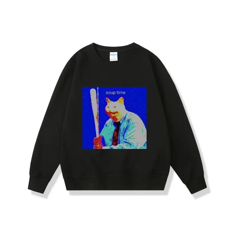 

SOUP TIME Sweatshirt Funny Cat Graphic Printed Pullover Unisex Black Streetwear Men Women Fashion Casual Oversized Sweatshirts