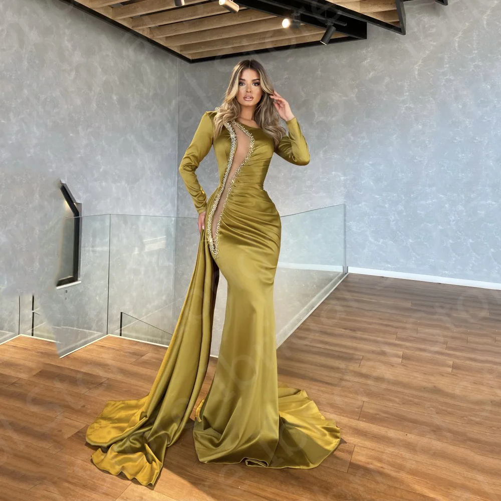 

On Sale Unique Mermaid Evening Dresses Olive Wedding Guest Gowns Long Sleeves Prom Party Dresses Beading Sequins Sweep Train